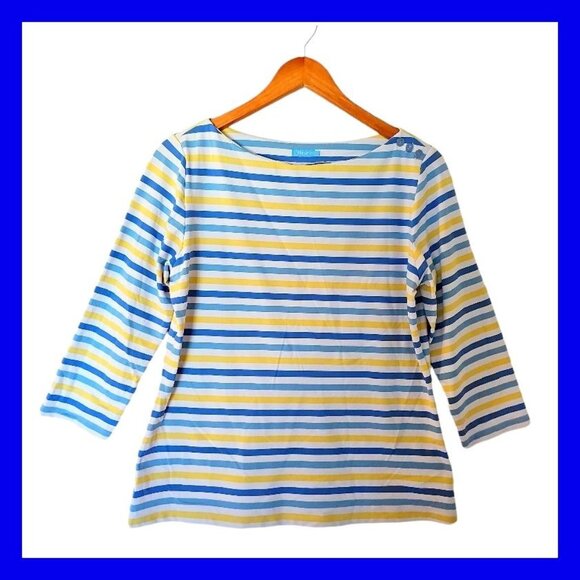 J.McLaughlin Wavesong Blouse Top Womens L Large Blue Stripe Catalina Cloth Butto - Picture 1 of 10